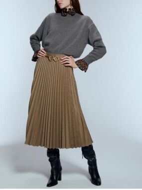 Zara Brown Houndstooth Pleated A-Line Midi Skirt Size Small